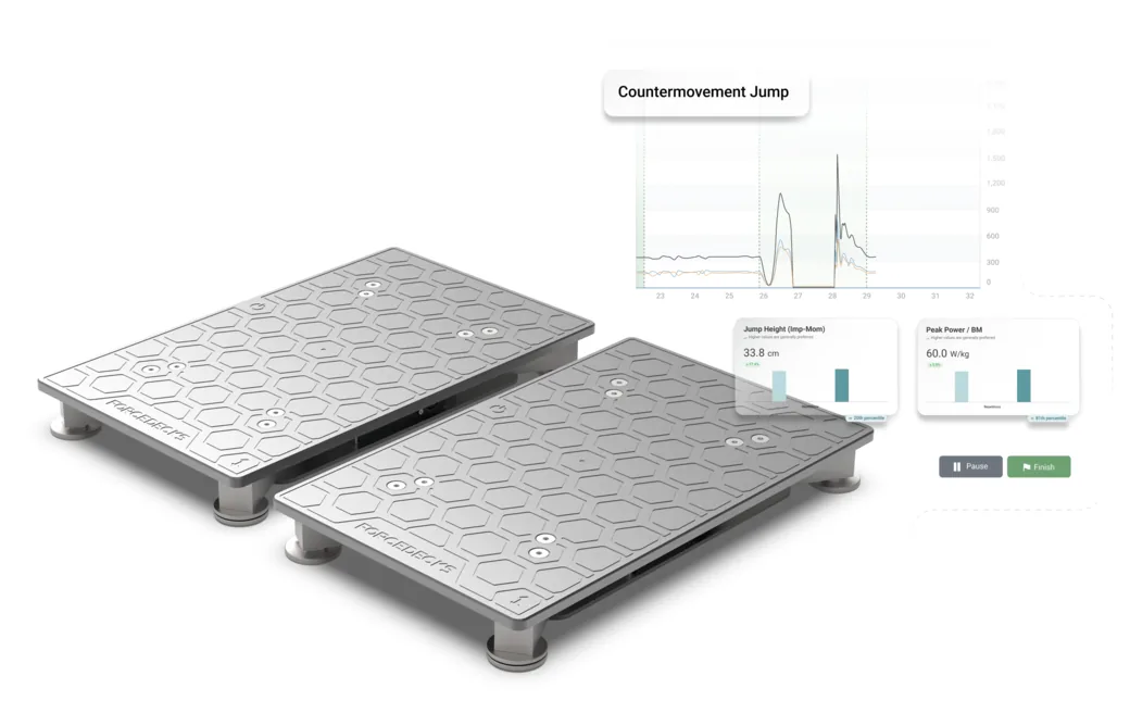 VALD ForceDecks dual force plates with a countermovement jump force trace, jump height, and peak power readouts