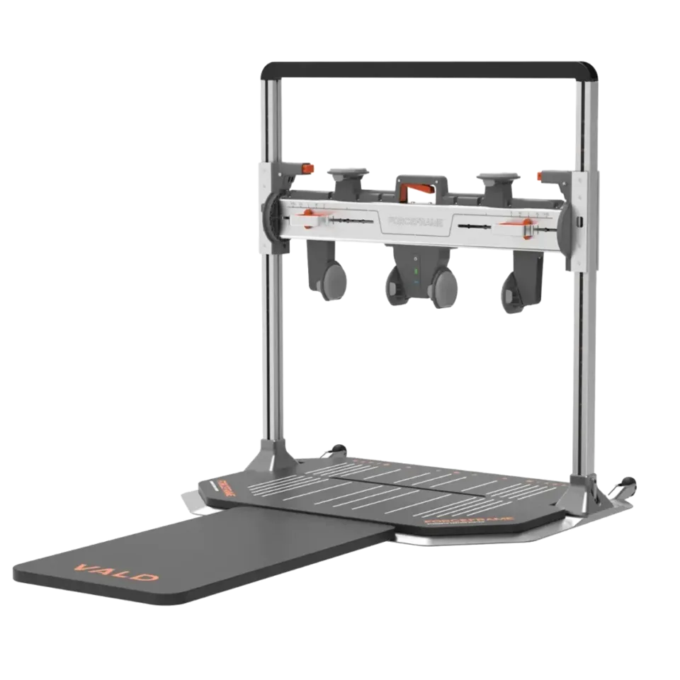 Athlete performing isometric hip strength test on VALD ForceFrame