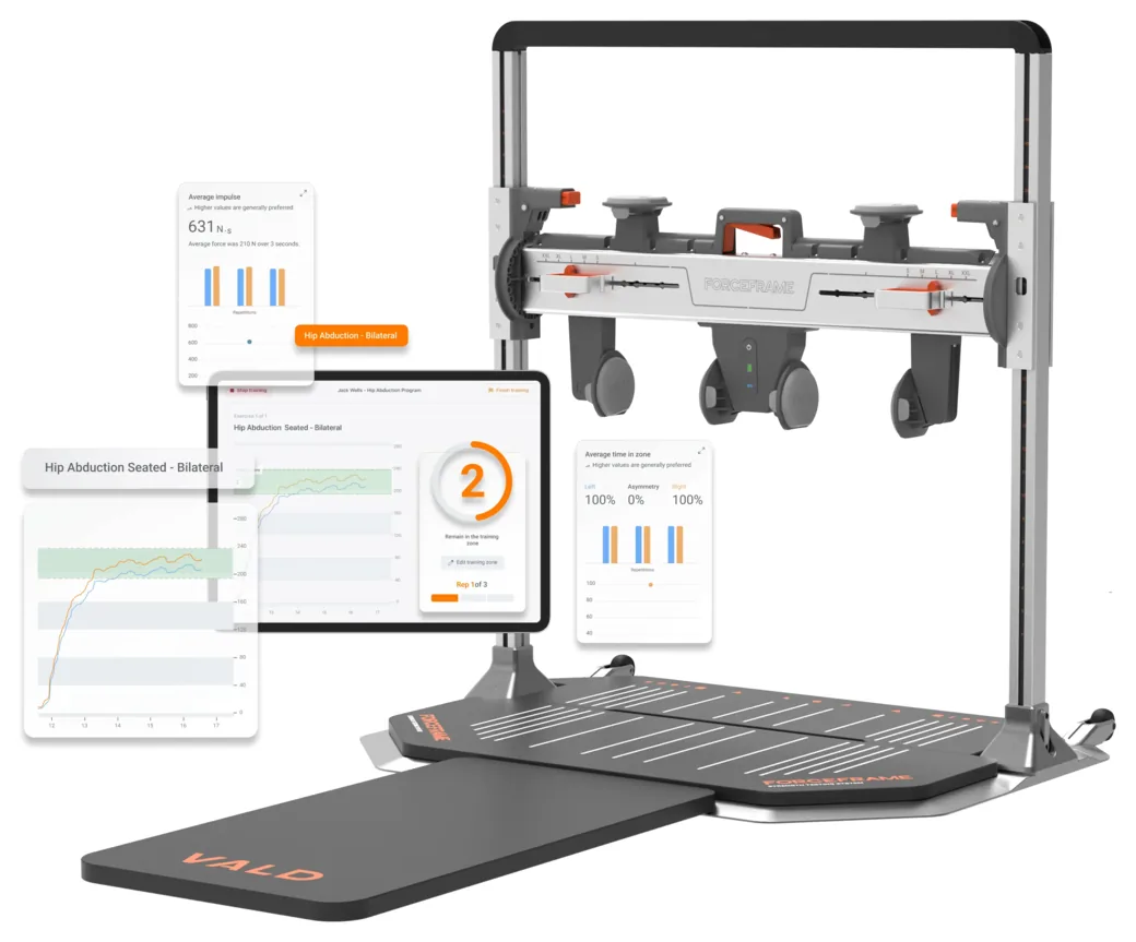 VALD ForceFrame strength testing frame with a hip abduction session showing left-right force and asymmetry