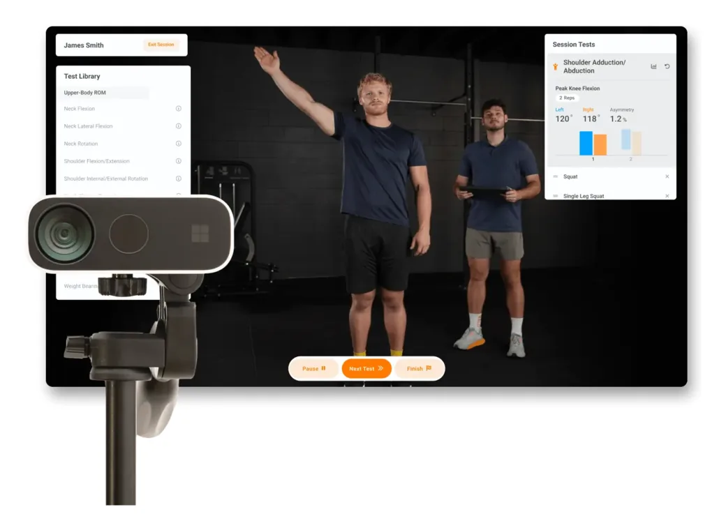 VALD HumanTrak camera and session screen showing an athlete's shoulder range of motion with left-right asymmetry