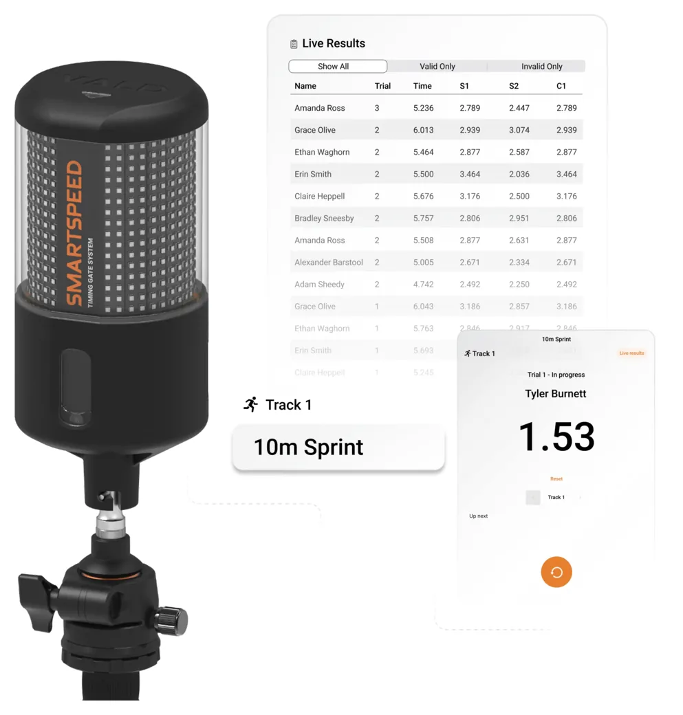 VALD SmartSpeed timing gate with live sprint results and a 10m sprint split on the app